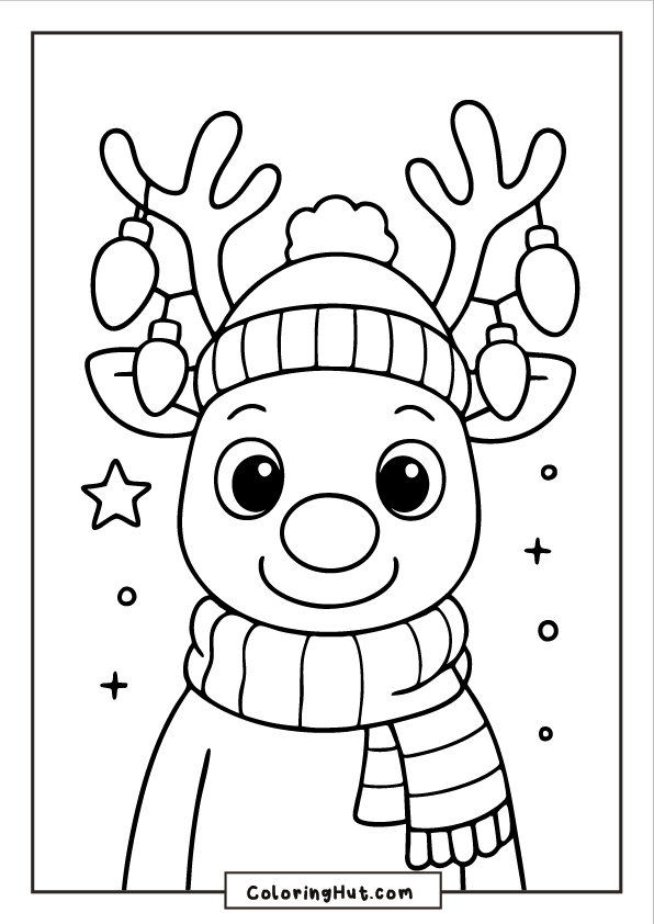 A close-up of Rudolph wearing a winter hat and scarf, with Christmas lights hanging from his antlers and stars around him.