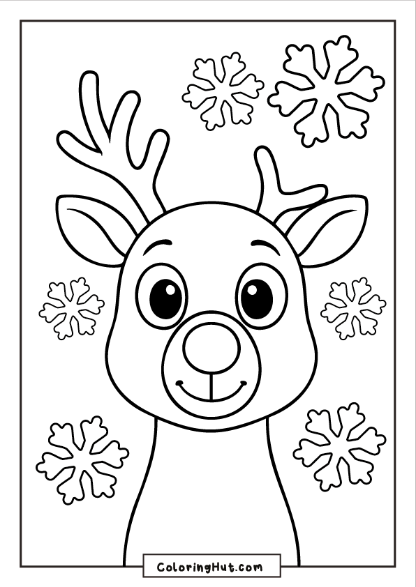 A front-facing Rudolph with large expressive eyes, surrounded by several falling snowflakes.