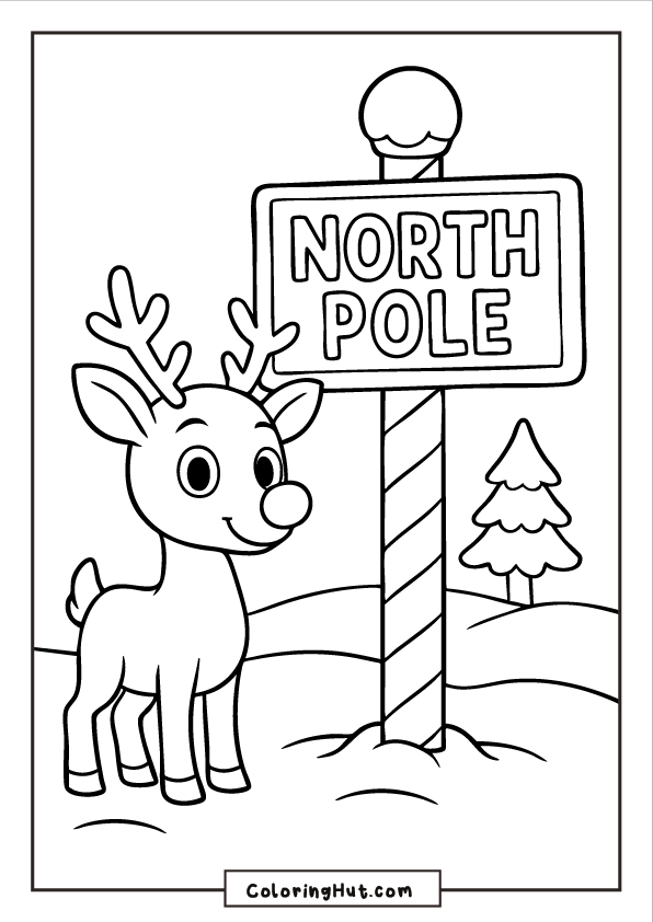 Rudolph standing beside a tall striped North Pole sign in a snowy landscape with pine trees.