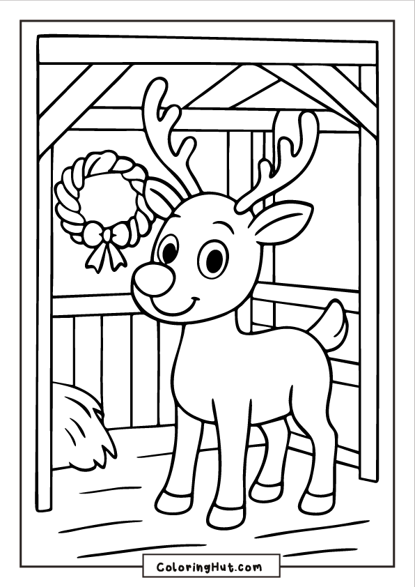 Rudolph inside Santa’s wooden stable, standing near a holiday wreath and a pile of hay.