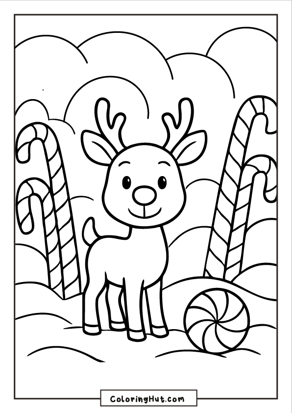 A happy Rudolph standing among tall candy canes and a large peppermint candy in a snowy landscape.