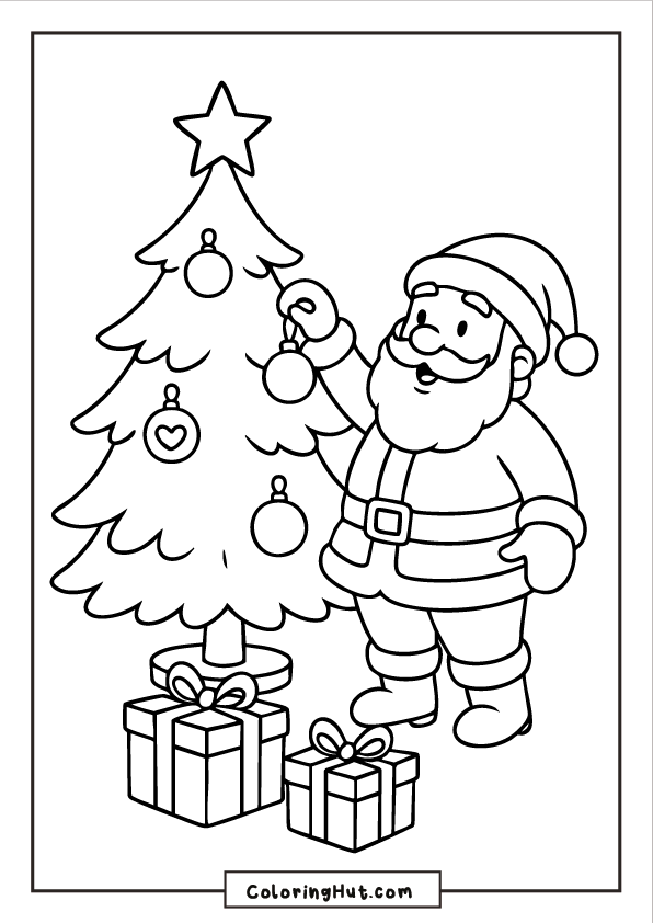 Santa hanging a round ornament on a Christmas tree surrounded by wrapped presents.