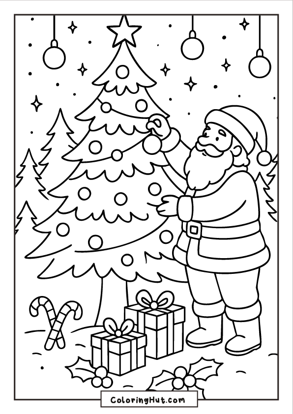 Santa placing an ornament on a decorated Christmas tree surrounded by presents, candy canes, holly leaves, and falling snow.
