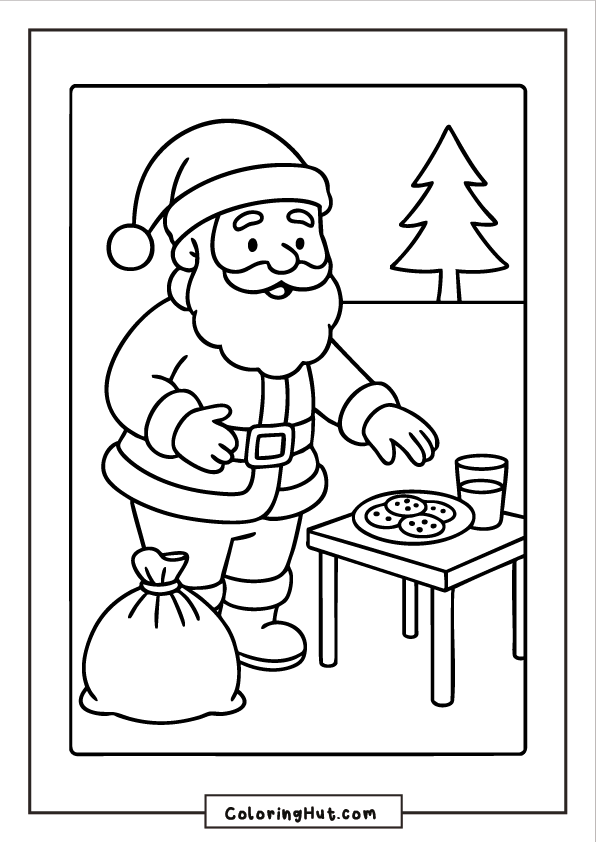 Santa standing beside a small table with cookies and a glass of milk, with a gift sack at his feet and a tree in the background.