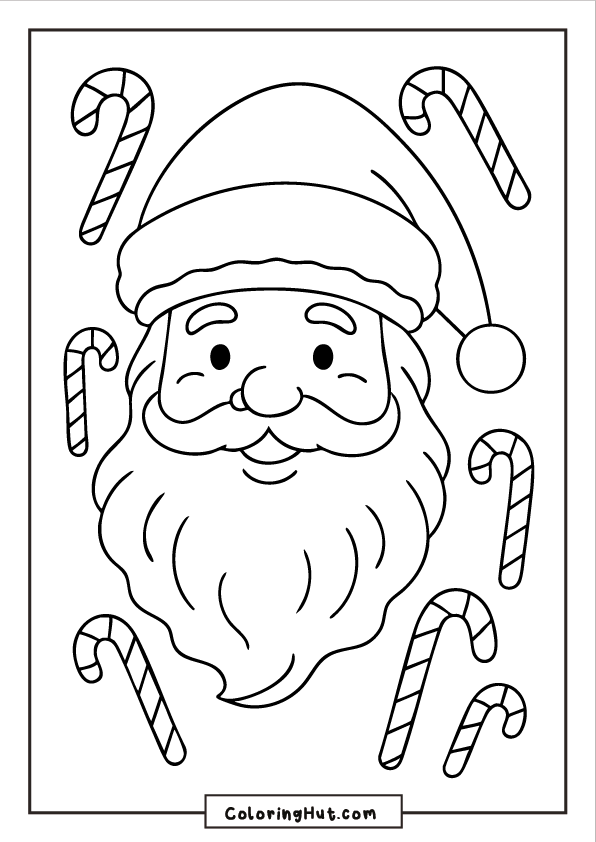 A close-up Santa face surrounded by floating candy canes in a simple Christmas-themed layout.