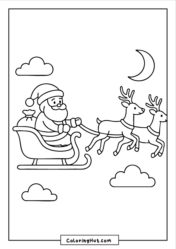 Santa riding a sleigh pulled by two reindeer through the night sky with clouds and a crescent moon.