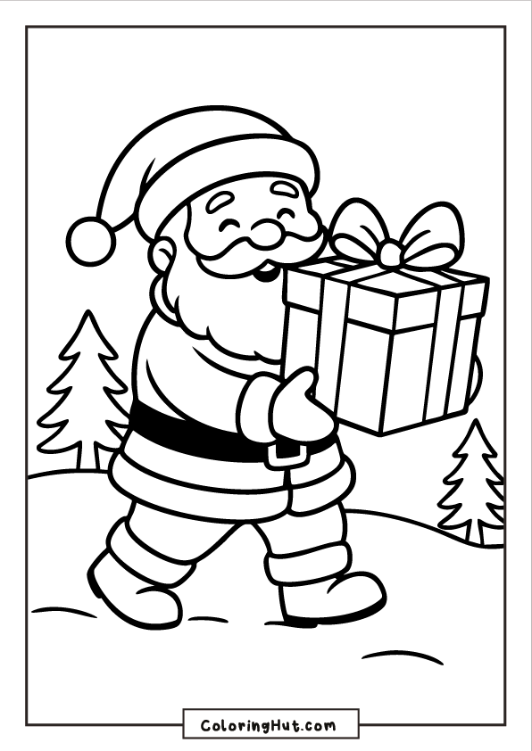 Santa walking through a snowy landscape while carrying a wrapped present with a big bow.