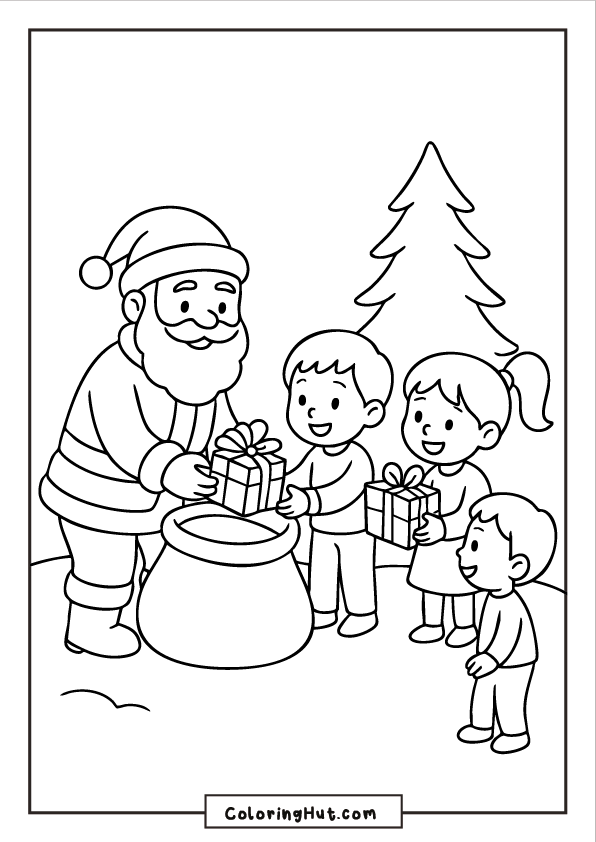 Santa handing wrapped presents to three smiling children beside a tall Christmas tree.