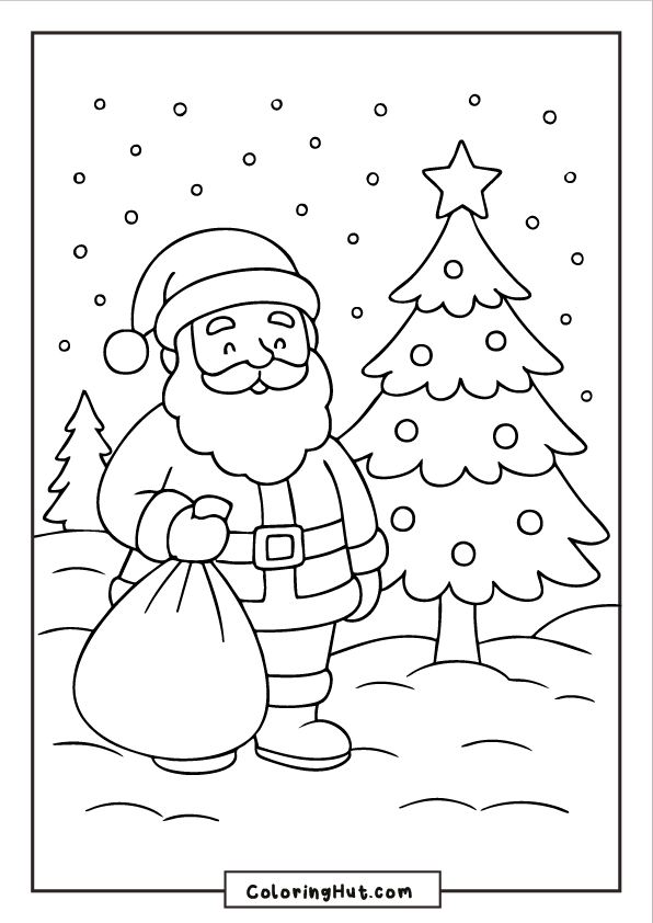 Santa standing beside a decorated Christmas tree while holding a large gift bag in a snowy landscape.