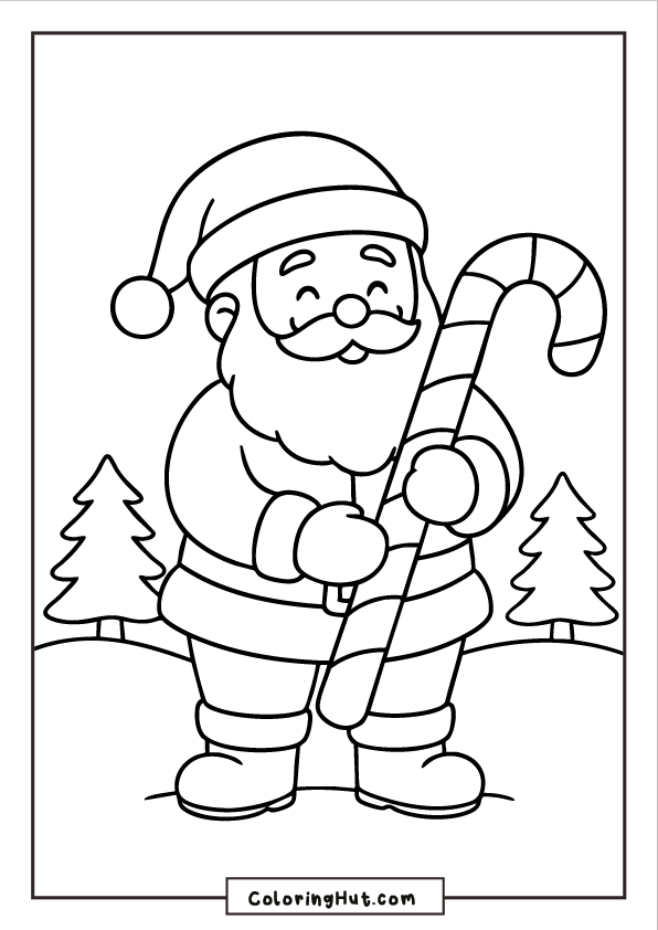 Santa standing outdoors holding a large striped candy cane with pine trees behind him.