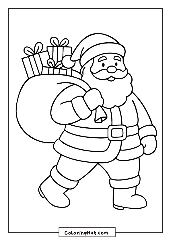Santa walking with a large gift sack filled with presents slung over his shoulder.