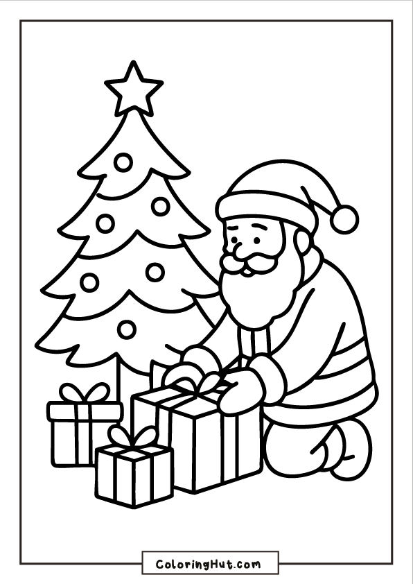 Santa kneeling beside a decorated Christmas tree while arranging wrapped presents on the ground.