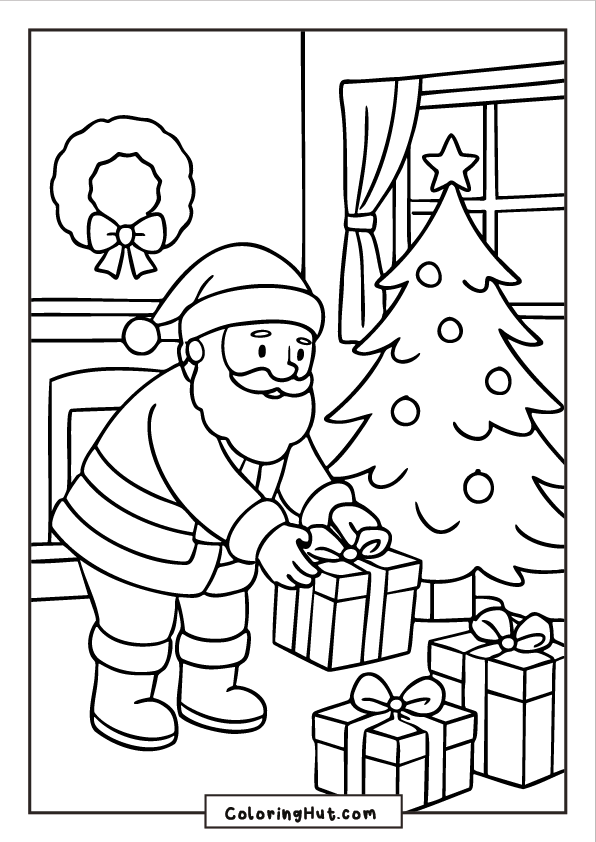 Santa placing gifts near a Christmas tree inside a cozy room with a wreath and fireplace in the background.
