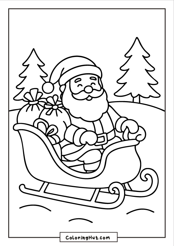 Santa sitting in a sleigh full of wrapped presents, gliding through a snowy forest with pine trees behind him.