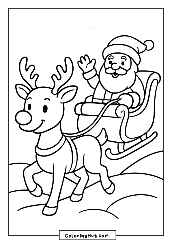 Rudolph trotting through snowy hills while pulling Santa in a sleigh, with Santa waving cheerfully.