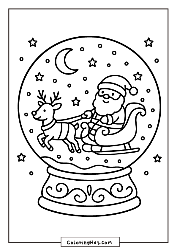 A snow globe featuring Santa riding in a sleigh pulled by a reindeer, surrounded by stars, falling snow, and a crescent moon.