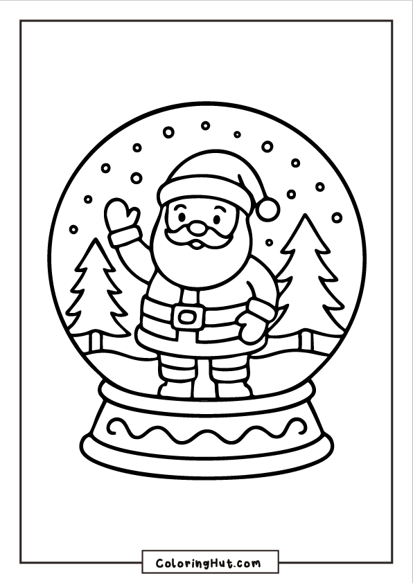 A snow globe with Santa standing and waving beside two pine trees, with falling snow inside the globe.