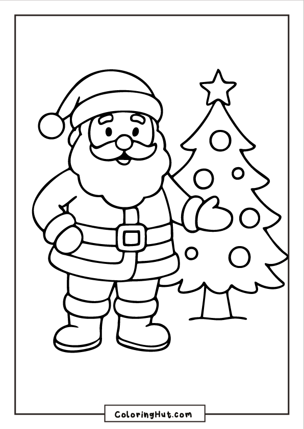 Santa standing beside a decorated Christmas tree, smiling warmly with one hand raised.