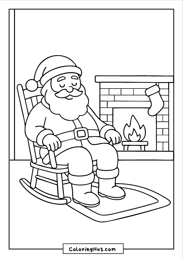 Santa sitting in a rocking chair near a warm fireplace, with a stocking hanging above the flames.