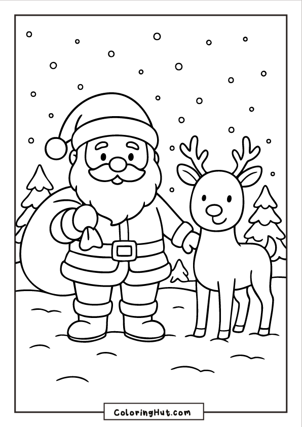 Santa smiling and resting his hand on Rudolph in a snowy landscape with pine trees behind them.