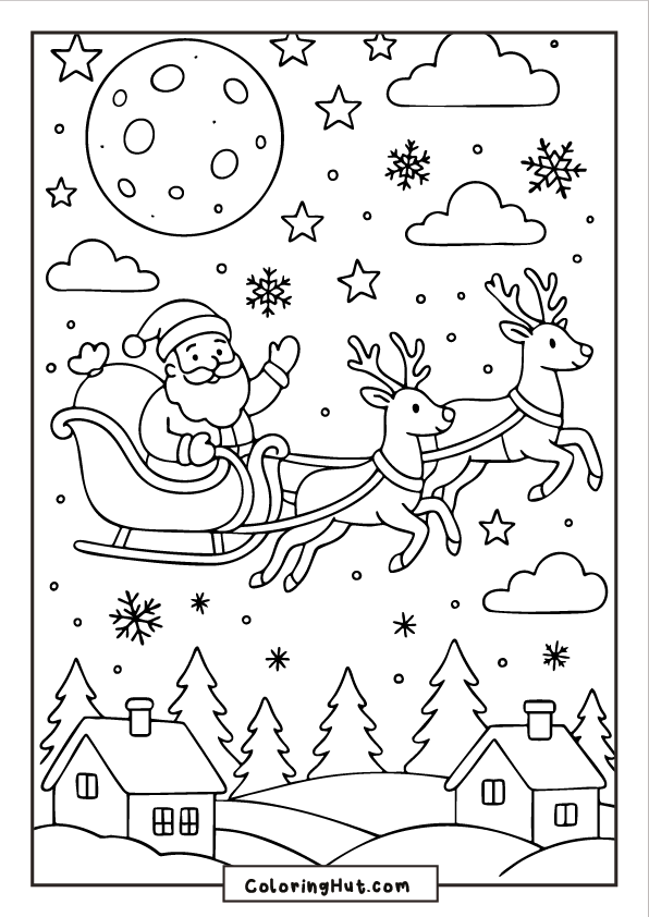 Santa riding a sleigh pulled by reindeer across a snowy village under a starry full-moon sky.