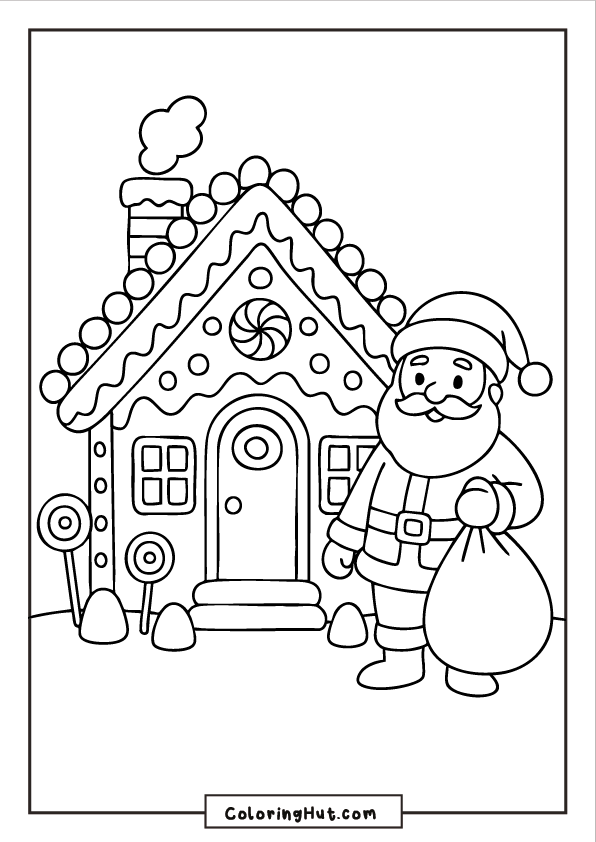 Santa standing beside a decorated gingerbread house with icing details, candy accents, and a snowy ground.