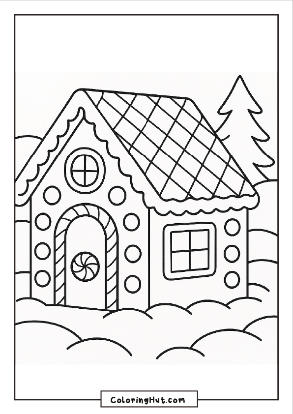 A gingerbread house with a tiled icing roof, round candy decorations, and a peppermint door design in a snowy setting.