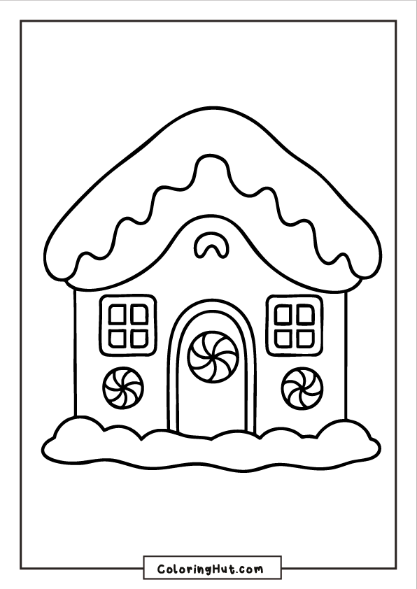 A gingerbread house with a curved icing roof, peppermint swirl windows, and a snowy base.