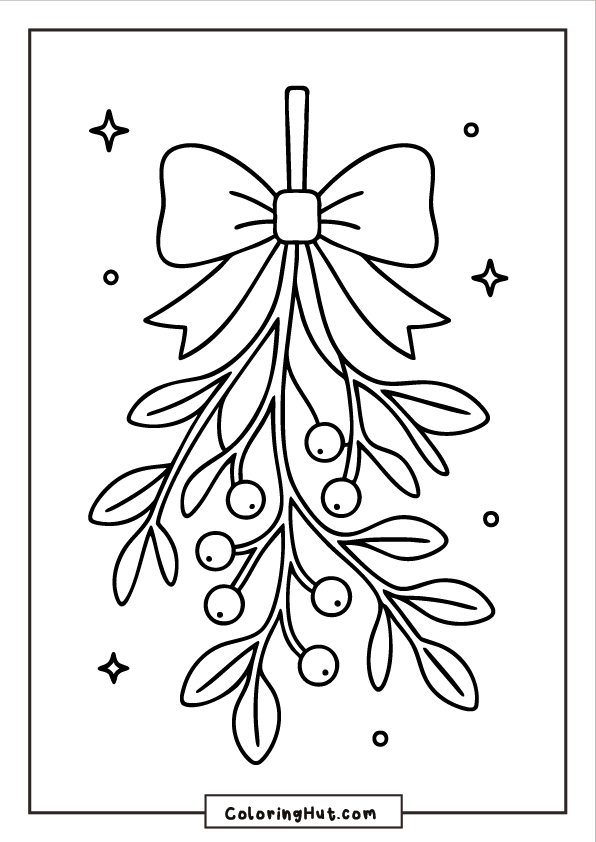 A hanging mistletoe sprig tied with a large bow, drawn in a clean and simple outline with small stars and dots.