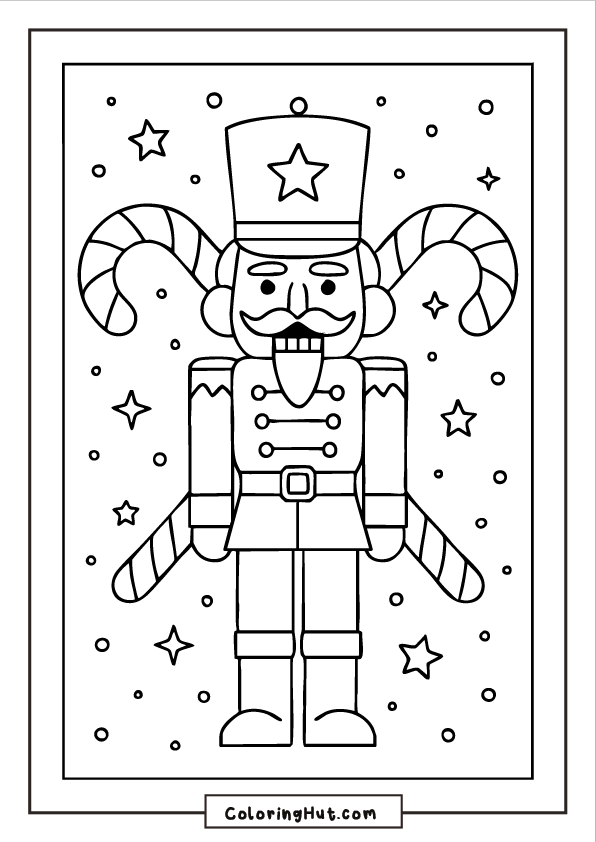 A Nutcracker soldier with two large candy canes crossed behind him, surrounded by stars and falling snow in a framed border.