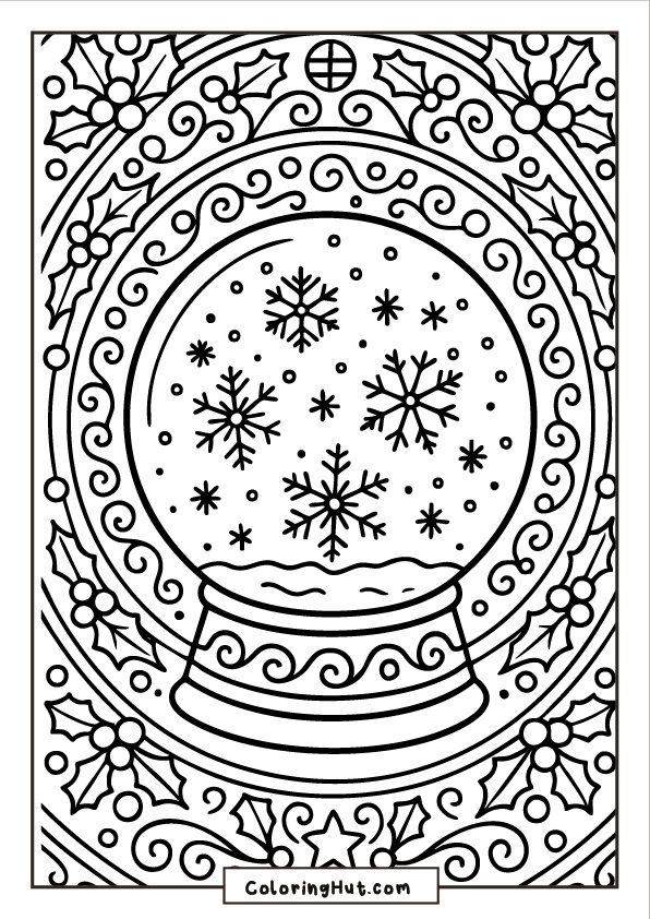 A detailed mandala design with a central snow globe filled with snowflakes, surrounded by layered circular patterns and winter accents.