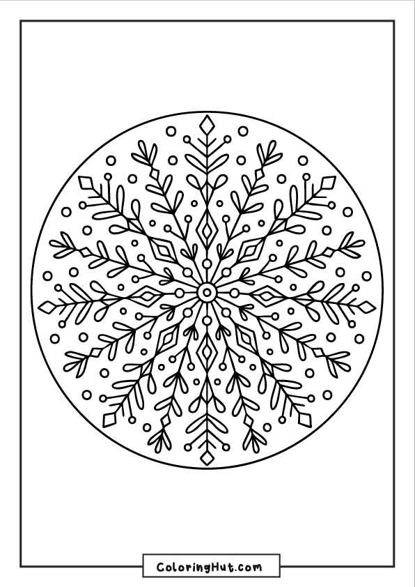A detailed circular mandala made of intricate snowflake patterns, layered branches, and tiny winter accents.
