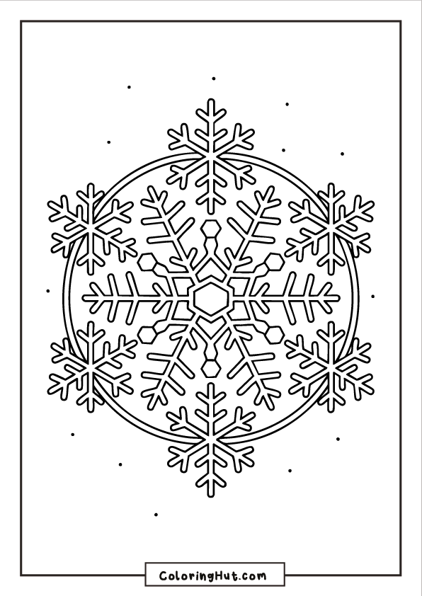 A detailed snowflake design placed inside a circular frame with small decorative dots around it.