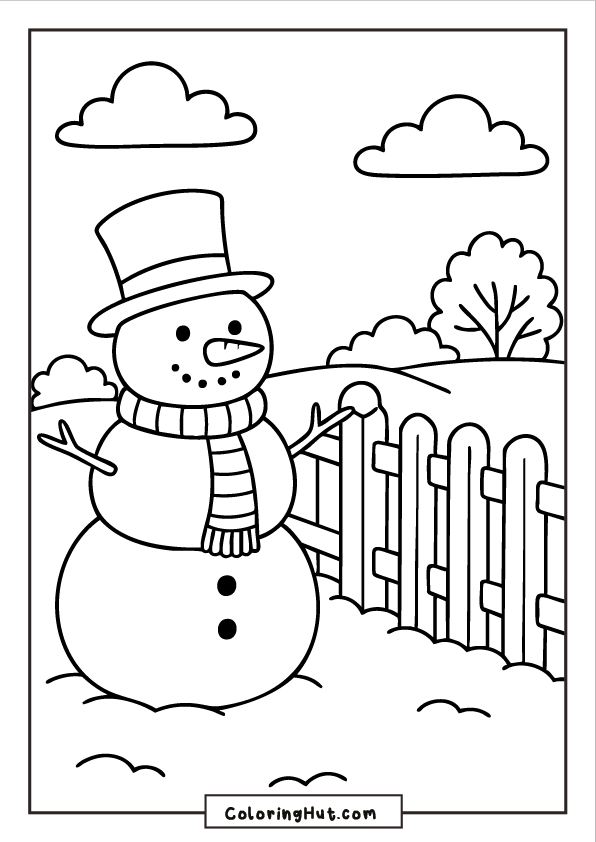 A happy snowman wearing a top hat and striped scarf standing in front of a wooden fence, with rolling snowy hills, clouds, and winter trees in the background.