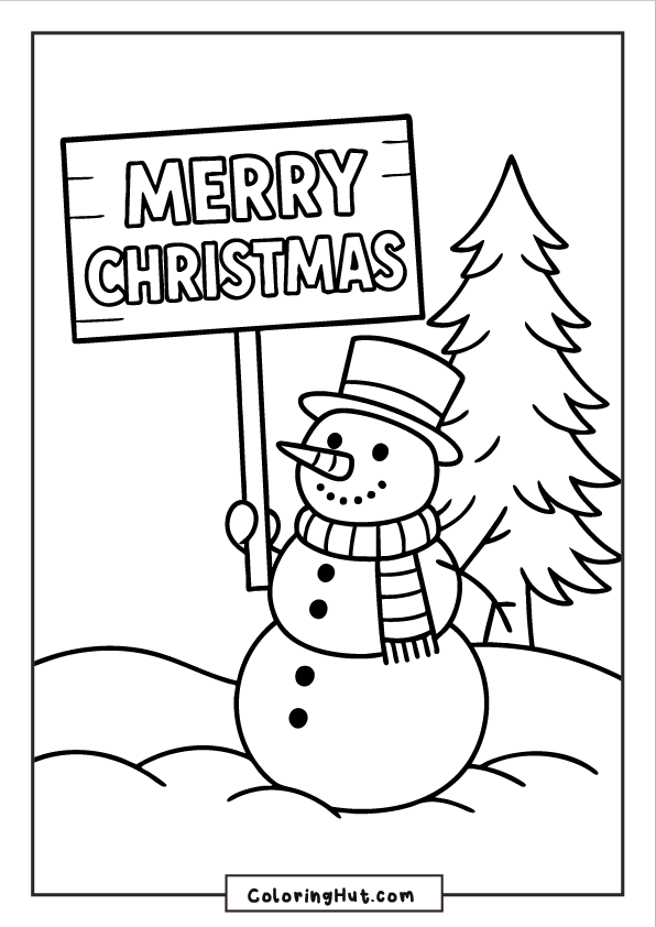 festive snowman in a winter hat and scarf holding a large “Merry Christmas” sign, with a tall pine tree and snowy ground behind him.