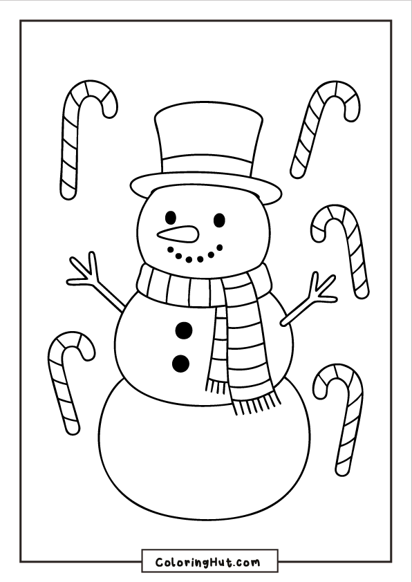 A smiling snowman in a top hat and striped scarf surrounded by floating candy canes against a simple snowy backdrop.