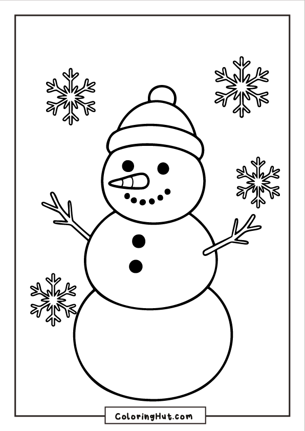 A happy snowman with a winter hat and scarf standing beneath large falling snowflakes on a snowy ground.