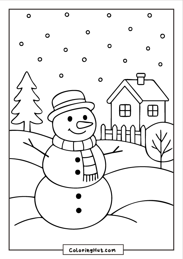 A cheerful snowman in a scarf and hat standing in a snowy garden with a house, fence, winter tree, and falling snow in the background.