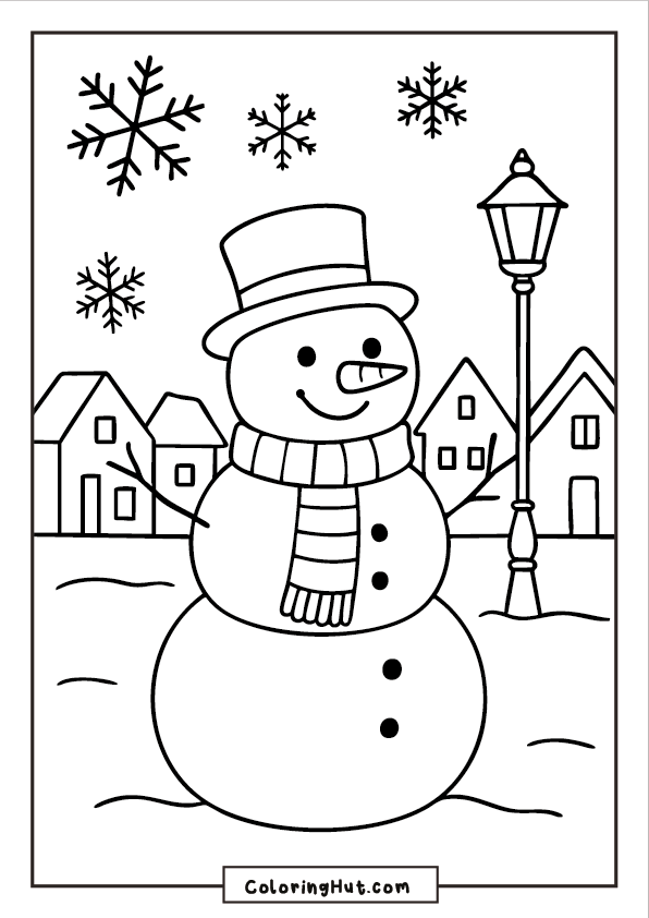 A smiling snowman wearing a top hat and scarf in a village square, with tall houses, a street lamp, and large snowflakes overhead.