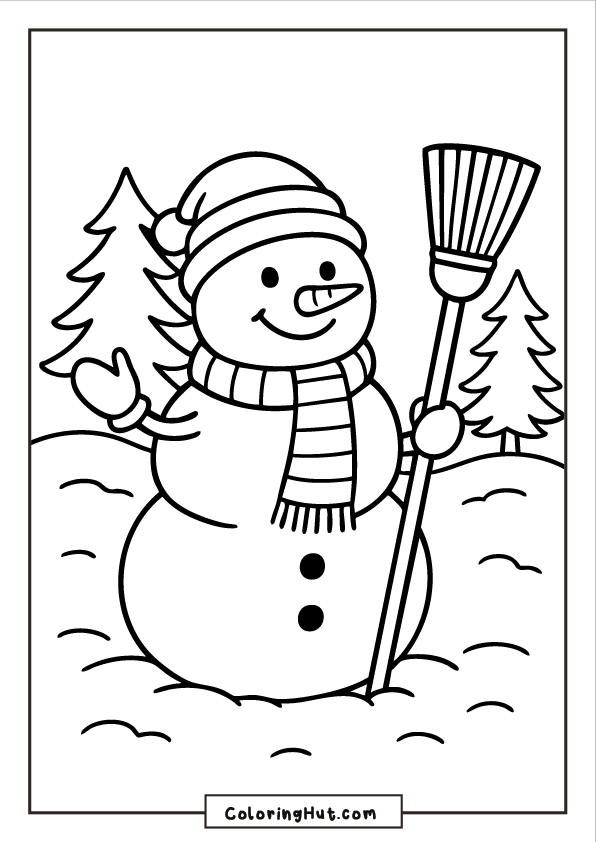 A happy snowman in a striped scarf and winter hat holding a broomstick, surrounded by pine trees and snowy ground.