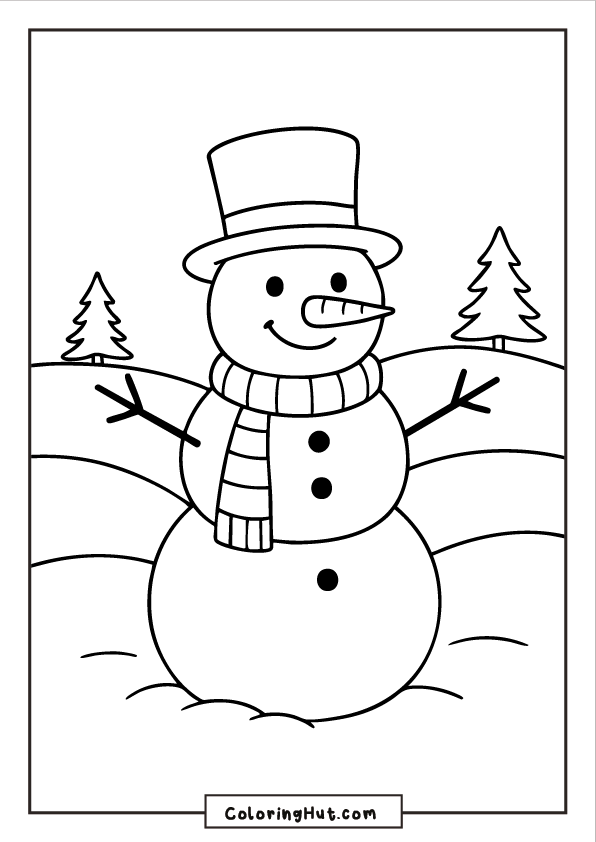 friendly snowman with a top hat and scarf standing in a wide snowy field, with rolling hills and pine trees in the distance.