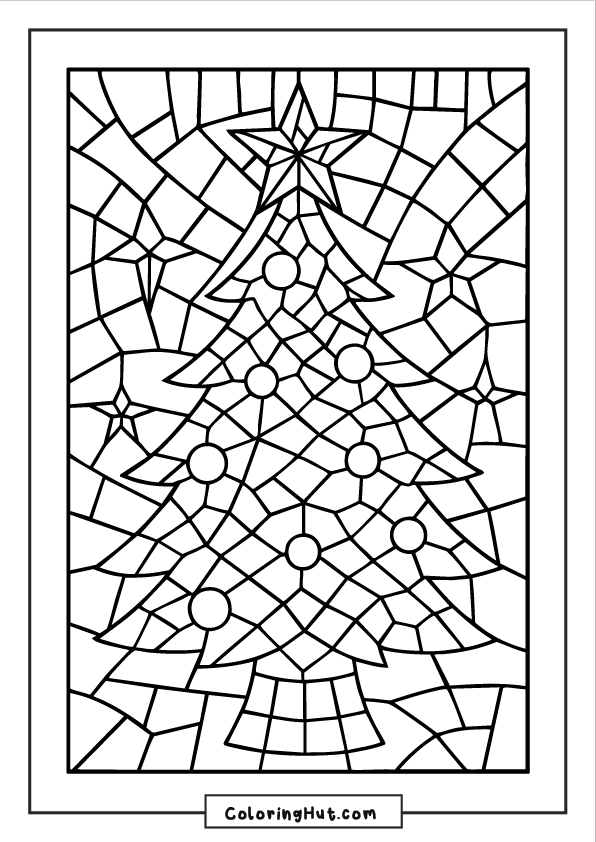 A detailed stained-glass style Christmas tree filled with mosaic shapes, ornaments, and a star topper in a geometric background.
