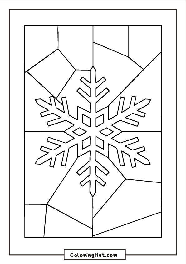 A large snowflake centered within geometric stained-glass style panel lines forming bold angular shapes.