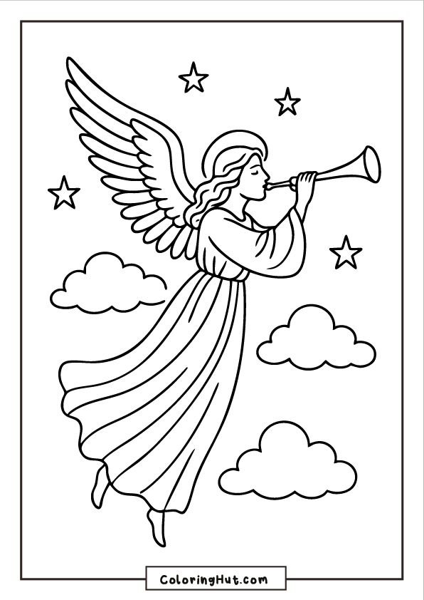 A graceful angel flying through a starry night sky while blowing a trumpet, with clouds drifting beneath her.