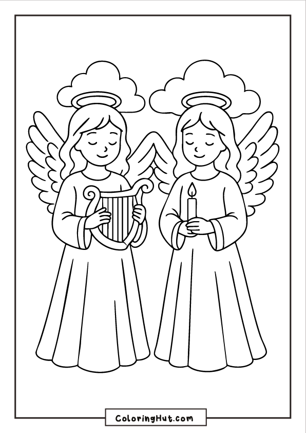 Two peaceful angels standing side by side, one holding a harp and the other holding a candle, with soft clouds behind them.