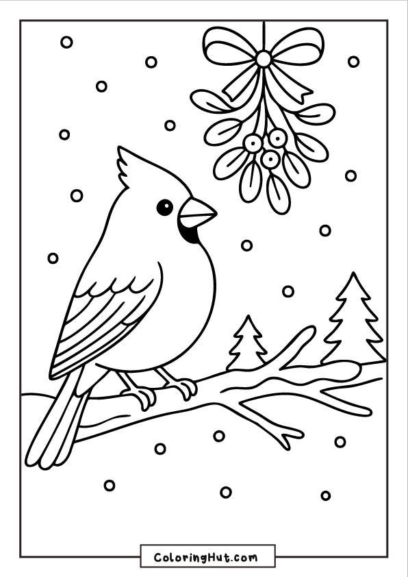 A cardinal perched on a tree branch outdoors with a mistletoe bunch hanging above and snowy forest scenery behind.