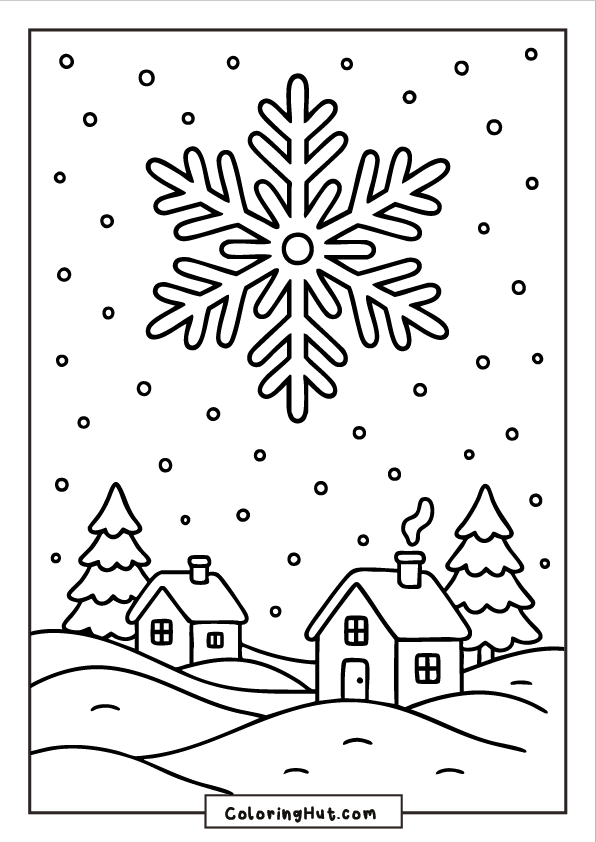 A snowy village with small houses and pine trees beneath a large falling snowflake and a sky filled with snow.