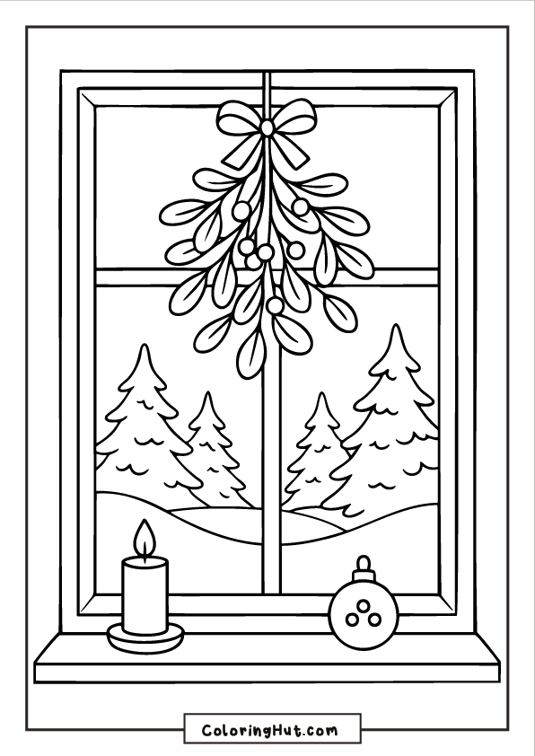 A winter window view showing a mistletoe bunch hanging at the top, snowy pine trees outside, and a candle and ornament on the windowsill.