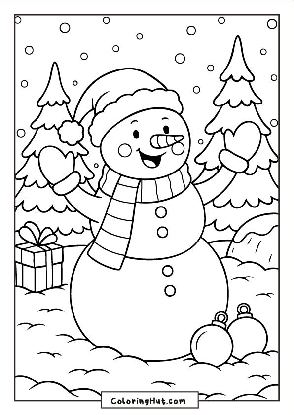 A joyful snowman dressed in a winter hat and scarf, raising both hands in a snowy forest scene with pine trees, Christmas ornaments, and a wrapped gift on the ground.