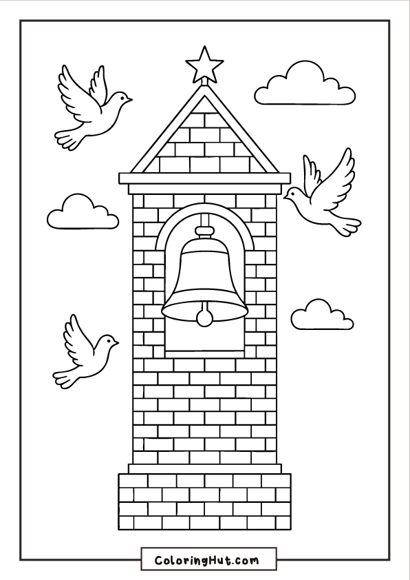 A tall brick bell tower with a hanging bell, flying doves, and soft clouds around the scene.